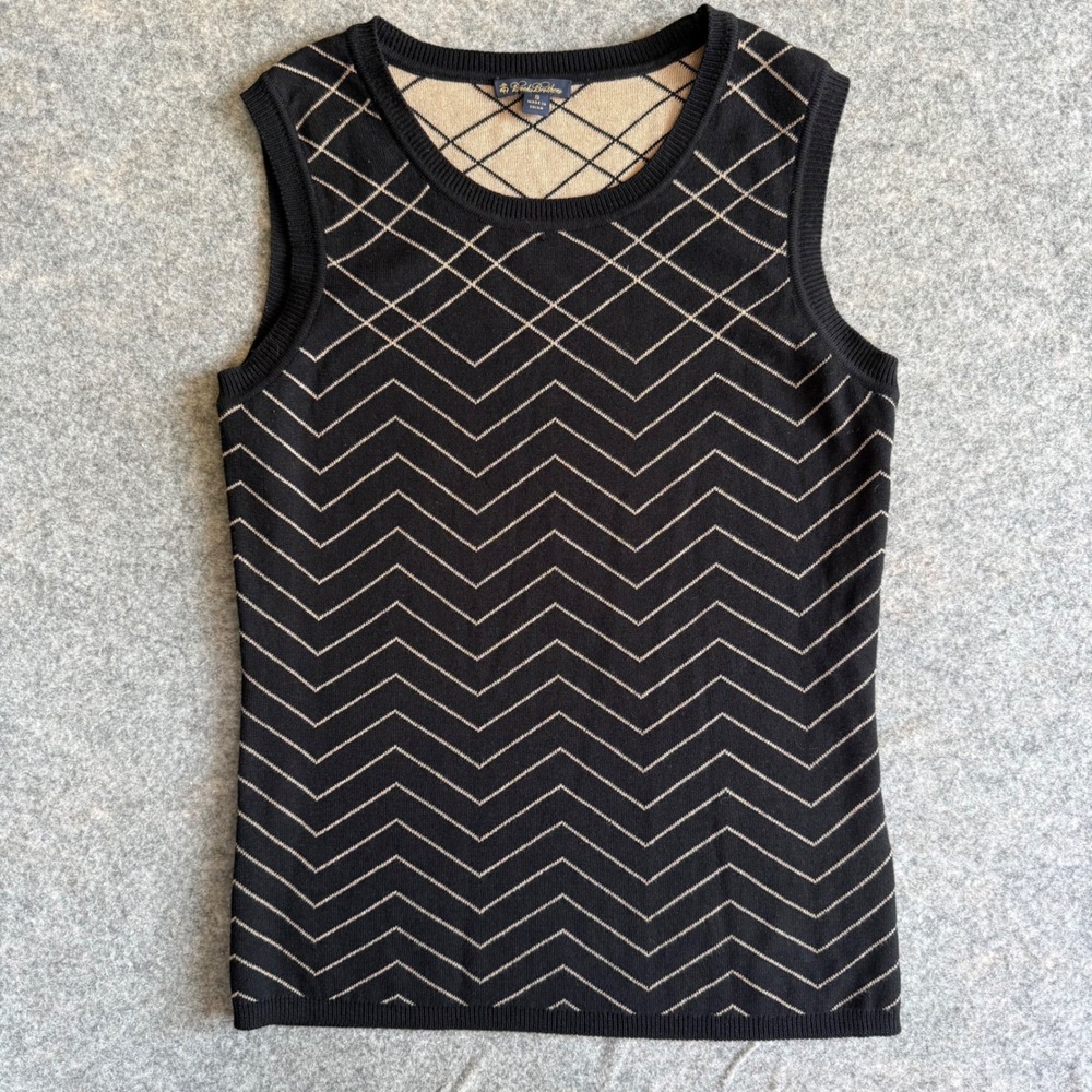 Brooks Brothers Silk Cotton Jacquard Shell Top Black Tan Geometric Supergirl S